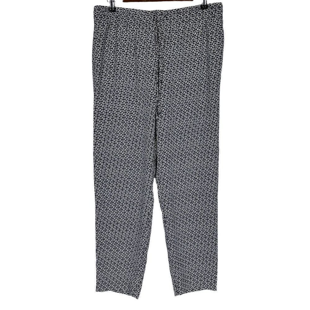 Talbots Drawstring Elastic Waist Pant size Large Navy White Geometric Print